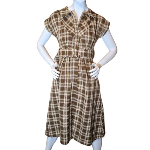 Vintage 50's Inspired Brown & Cream Plaid Belted Midi Dress sz S - Picture 4 of 7